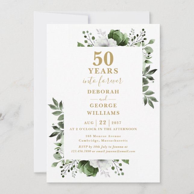 Invitation 50e anniversaire Mariage Verdure Floral Monogramme (Devant)