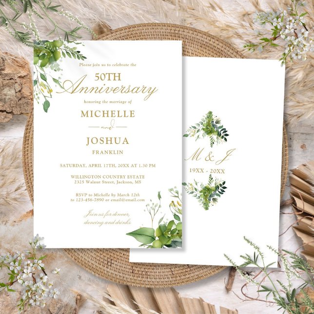 Invitation 50e anniversaire Mariage Verdure or Monogramme (50th Wedding Anniversary Greenery Gold Monogram Invitation)