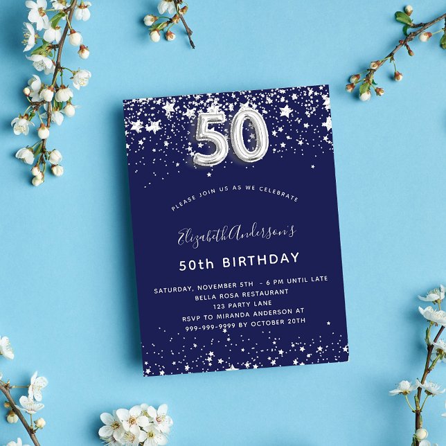 Invitation 50e anniversaire marine bleu argent étoiles luxe (Créateur téléchargé)