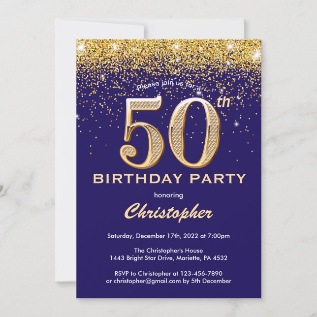 Invitation 50e anniversaire Marine Bleu et Parties scintillan (Devant)