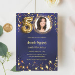 Invitation 50e anniversaire marine bleu or étoiles photo luxe<br><div class="desc">Une invitation photo moderne et design pour une fête du 50e anniversaire. Un arrière - plan bleu marine,  décoré d'étoiles dorées. La couleur bleue est inégale. Personnalisez et ajoutez vos photos et détails de fête.</div>