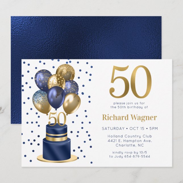 Invitation 50e anniversaire Marine Blue Balloon Cake (Devant / Derrière)