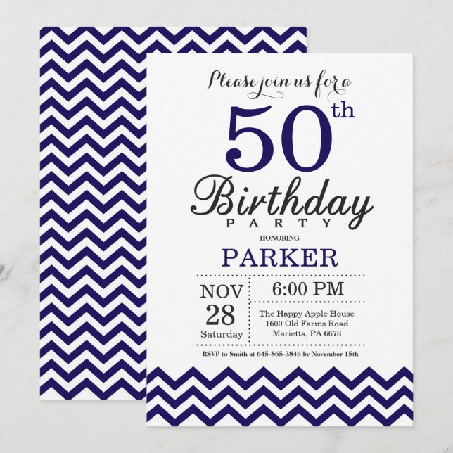 Invitation 50e anniversaire Marine Blue Chevron (Devant / Derrière)