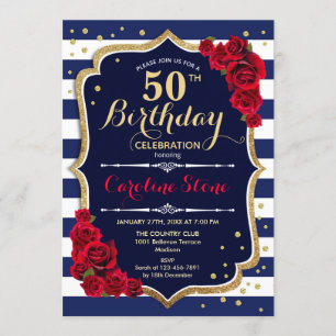 Invitation 50e anniversaire - Marine White Stripes et Red Ros