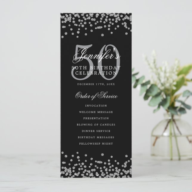 Invitation 50e Anniversaire Menu Merci U Silver Confetti (Debout devant)