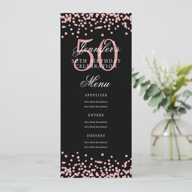Invitation 50e anniversaire Menu Rose Gold Black Confetti (Debout devant)
