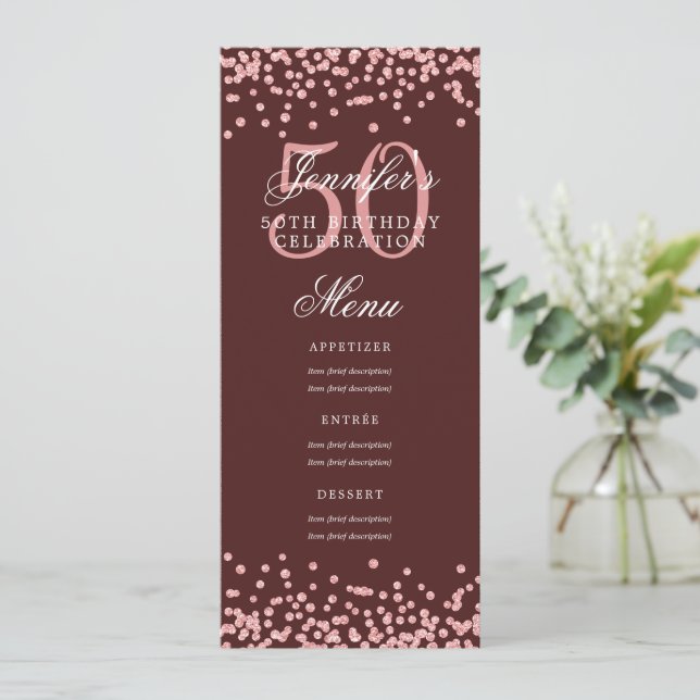 Invitation 50e Anniversaire Menu Rose Gold Bourgogne Confetti (Debout devant)