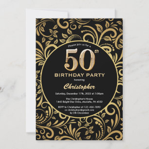 Invitation 50e anniversaire Modèle floral noir et or