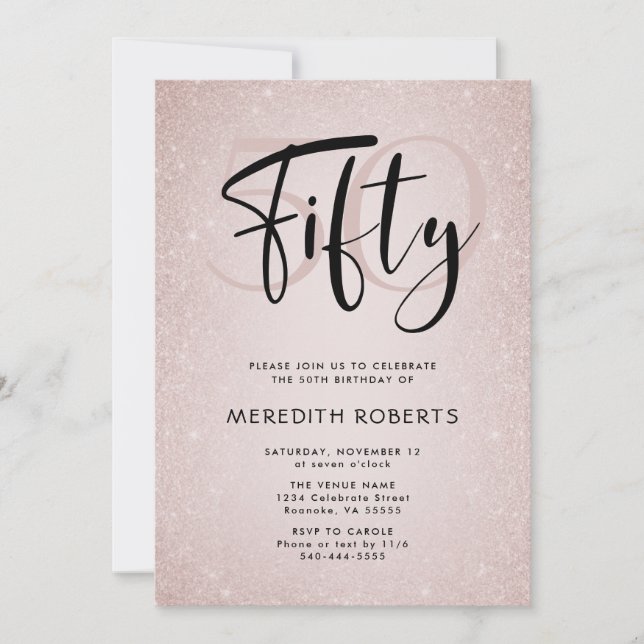 Invitation 50e anniversaire Modern Script Rose Gold Party (Devant)