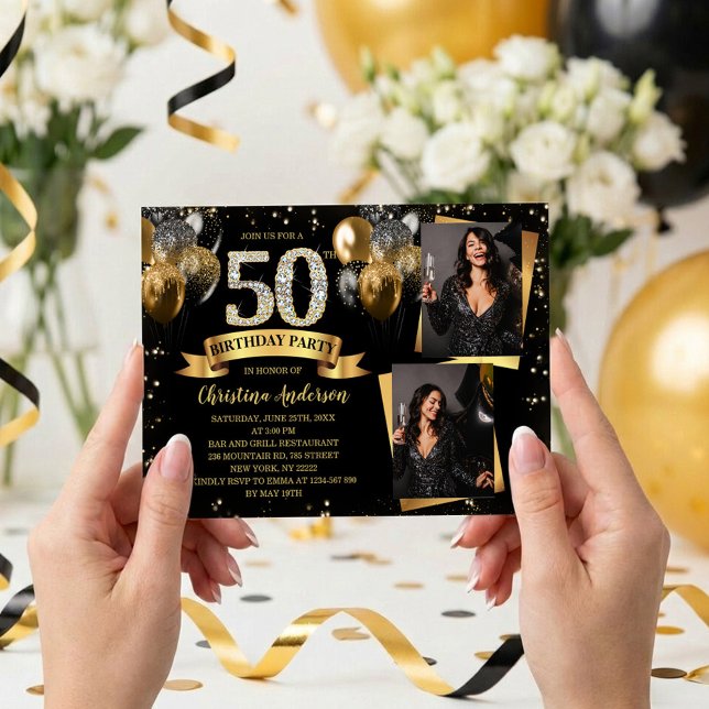 Invitation 50e Anniversaire Moderne Ballons Pailletés Or 2 Ph (Glam black and gold 50th birthday invite with diamond 50, balloons, confetti and two custom photos)