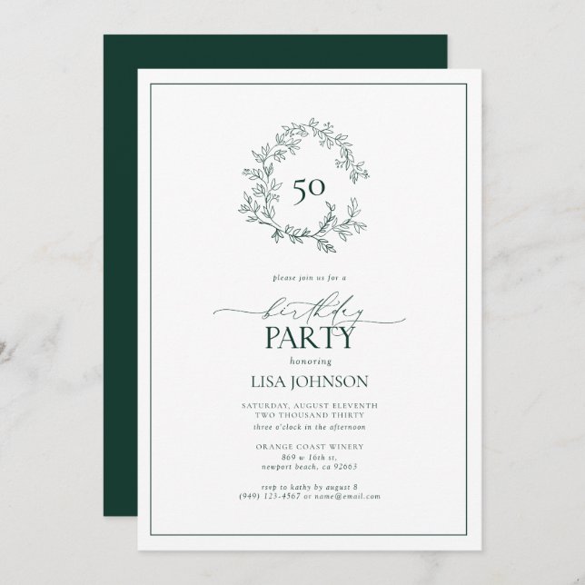 Invitation 50e anniversaire Moderne Emerald Green Leafy Crest (Devant / Derrière)