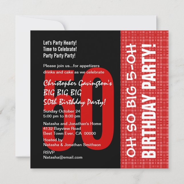 Invitation 50e anniversaire moderne rouge et noir B204 (Devant)