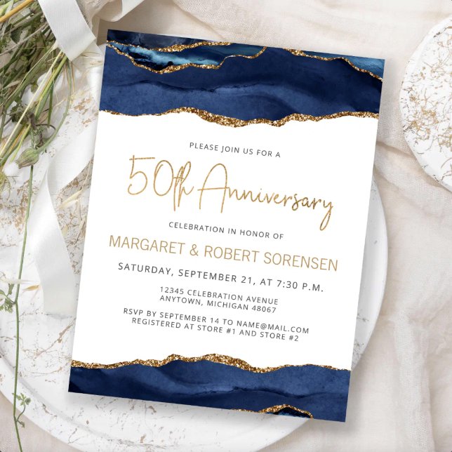 Invitation 50e anniversaire Navy Blue Gold Agate (Créateur téléchargé)