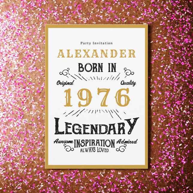Invitation 50e Anniversaire Né en 1976 Légende en Or Blanc (Born 1976 birthday invitation.)