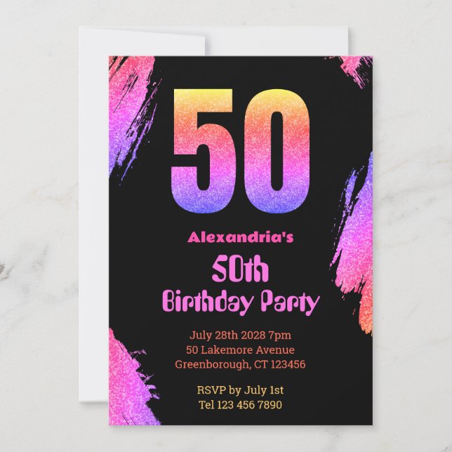 Invitation 50e anniversaire neon rose parties scintillant inv (Devant)