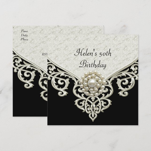 Invitation 50e Anniversaire Noir Blanc Crème Perle joyau (Devant / Derrière)