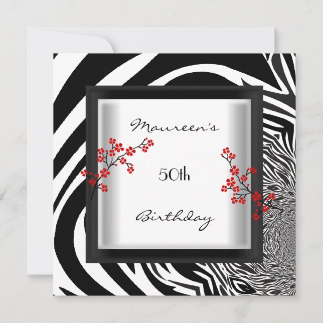 Invitation 50e anniversaire noir blanc rouge zèbre floral asi (Devant)