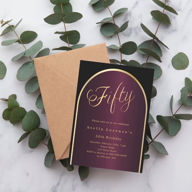 Invitation 50e anniversaire noir bordeaux or arc script (Créateur téléchargé)