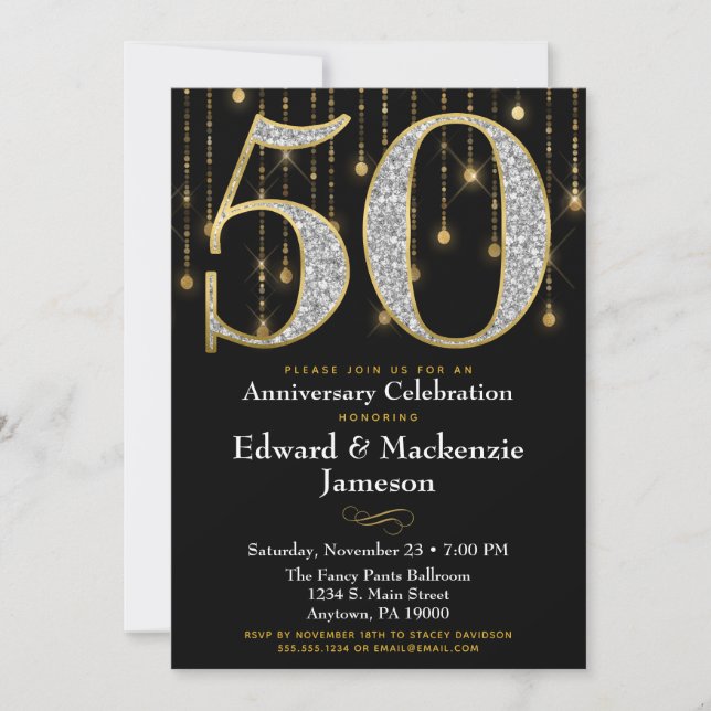 Invitation 50e anniversaire Noir Or Diamants (Devant)