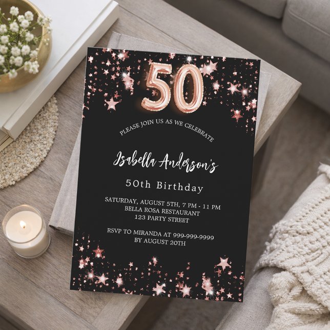 Invitation 50e anniversaire noir or rose étoiles luxe (Créateur téléchargé)