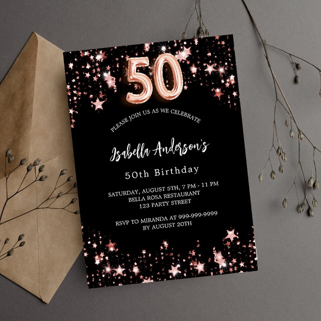 Invitation 50e anniversaire noir rose or étoiles luxe (Créateur téléchargé)
