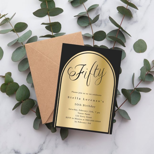 Invitation 50e anniversaire noir script d'arc en or luxe (Créateur téléchargé)