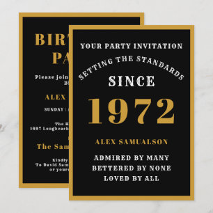 Invitation 50e anniversaire Nom 1972 Elegant Chic Black Gold