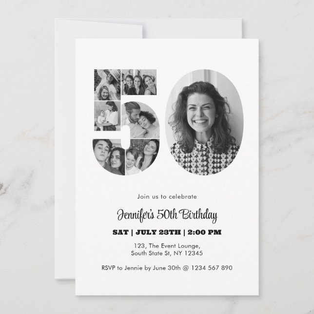 Invitation 50e anniversaire Numéro 50 photo Collage noir blan (Devant)