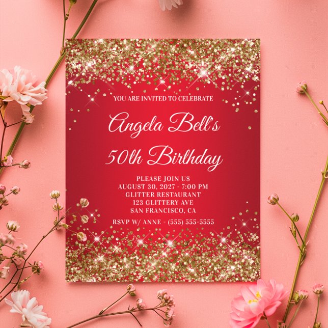 Invitation 50e Anniversaire Ombré Rouge Pailleté O (Gold Glitter Red Ombre 50th Birthday Invitation)