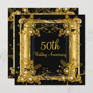 Invitation 50e Anniversaire Or Diamant noir floral torale