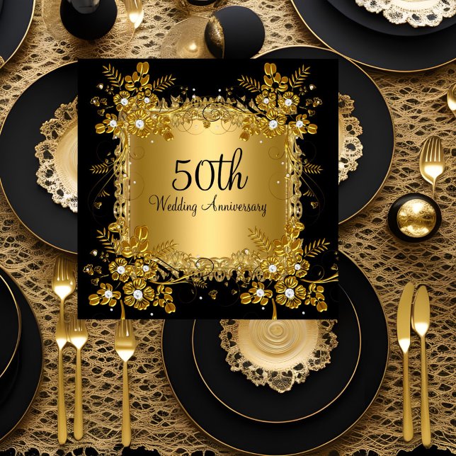 Invitation 50e Anniversaire Or Diamant noir floral torale (Créateur téléchargé)