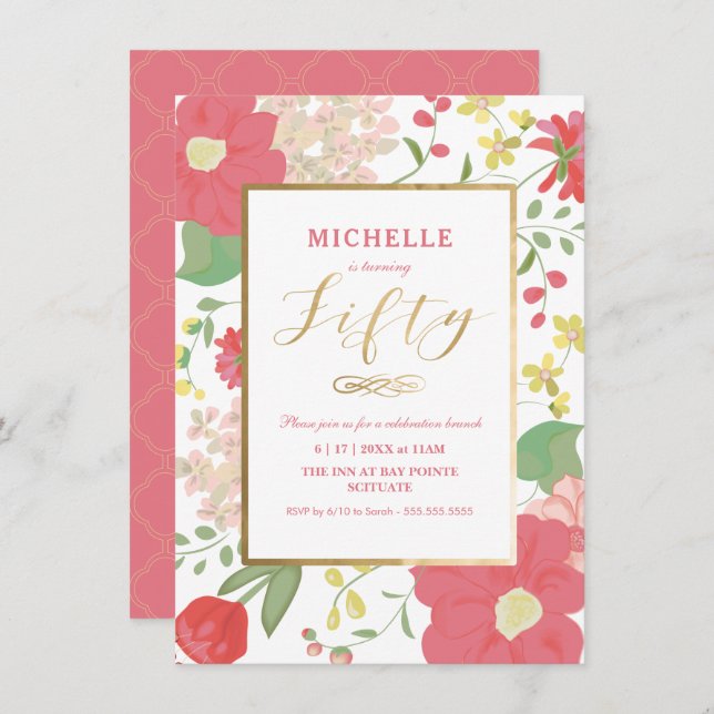 Invitation 50e Anniversaire - Or, Elégant Floral (Devant / Derrière)