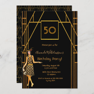 Invitation 50e anniversaire or noir 1920's art déco
