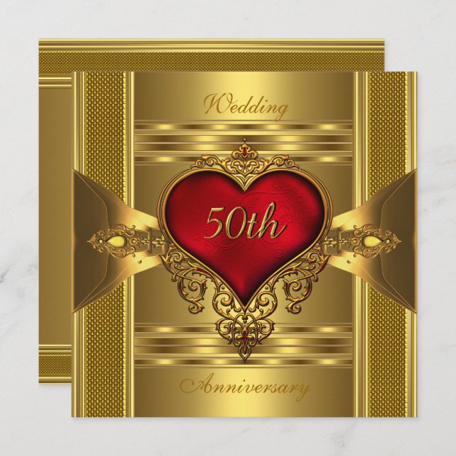 Invitation 50e Anniversaire Ornate Rouge Bijoux Coeur Or 2 (Devant / Derrière)