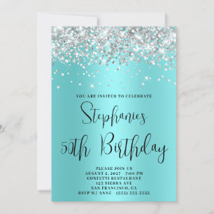 Invitation 50e Anniversaire Paillettes Argentées Aqua Turquoi