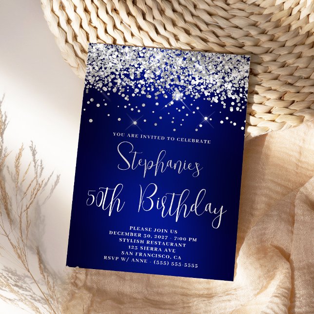 Invitation 50e Anniversaire Paillettes Argentées Dégradé Bleu (Silver and Blue Birthday Invite)