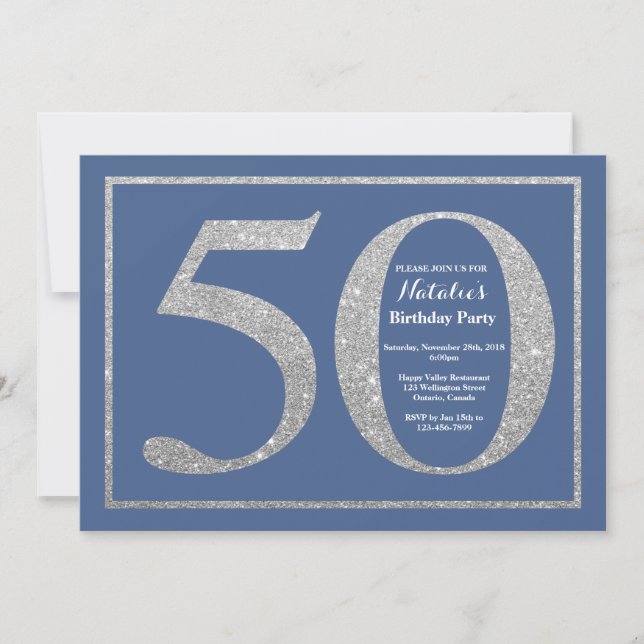 Invitation 50e anniversaire Parties scintillant bleue et arge (Devant)
