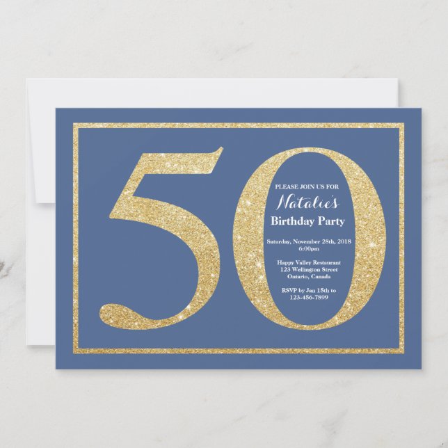Invitation 50e anniversaire Parties scintillant bleue et or (Devant)
