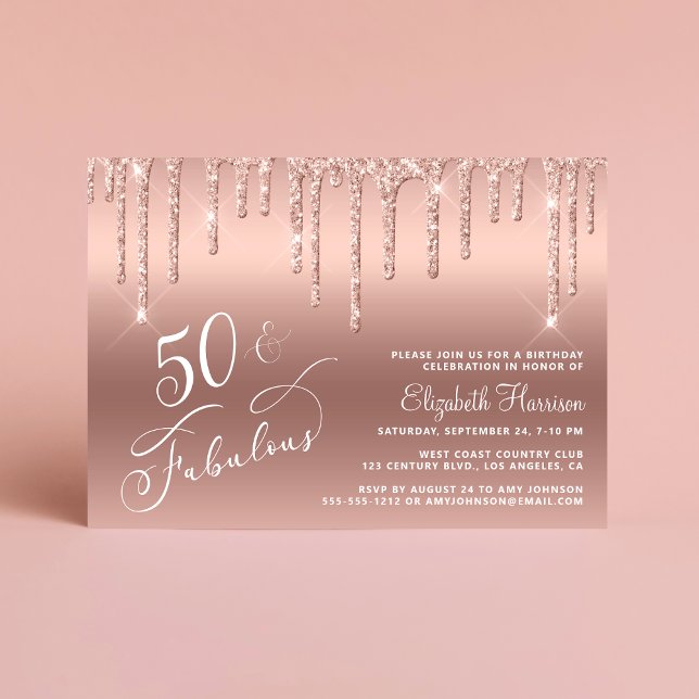 Invitation 50e anniversaire Parties scintillant Rose or (Celebrate her 50 years of sparkle with an elegant rose gold glitter birthday party invitation  🎂 🥂)