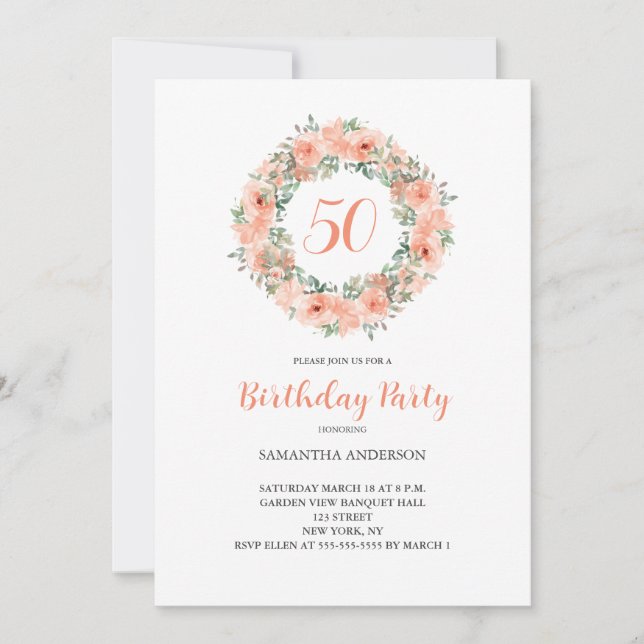 Invitation 50e Anniversaire Pêche Florale Aquarelle (Devant)