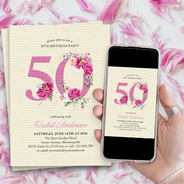 Invitation 50e anniversaire Peony rose Floral Numéro 50 (50th Birthday Invitation with pink floral number 50 - elegant vintage design with roses and peonies)