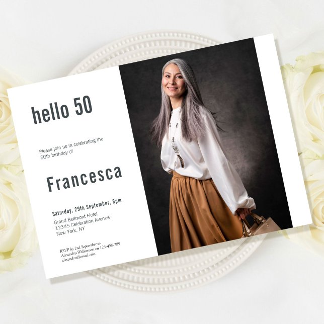 Invitation 50e anniversaire Photo personnalisée Bonjour 50 fê (Hello 50 Birthday Party Invitation)