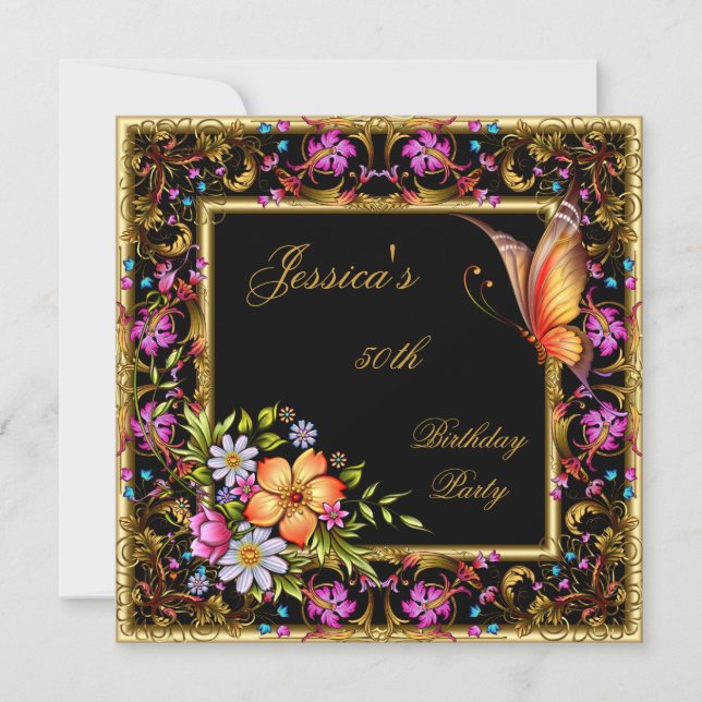Invitation 50e anniversaire Pink Floral Butterfly Gold Black (Devant)