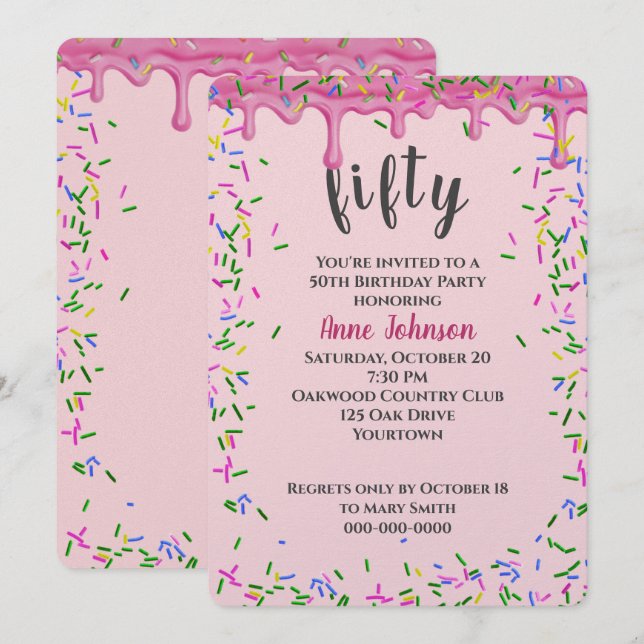 Invitation 50e Anniversaire Pink Icing Et Sprinkles (Devant / Derrière)