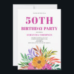 Invitation 50e anniversaire Pink Tropical Floral<br><div class="desc">50e anniversaire rose aquarelle tropicale invitation florale. Facile à ajouter votre propre texte.</div>