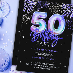 Invitation 50e anniversaire pour lui Blue Fireworks Foil Ball