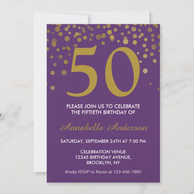 Invitation 50e Anniversaire Purple Gold Confetti Dot Retro Ch (Devant)