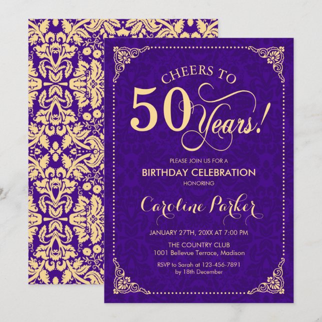 Invitation 50e anniversaire - Purple Gold Damask (Devant / Derrière)