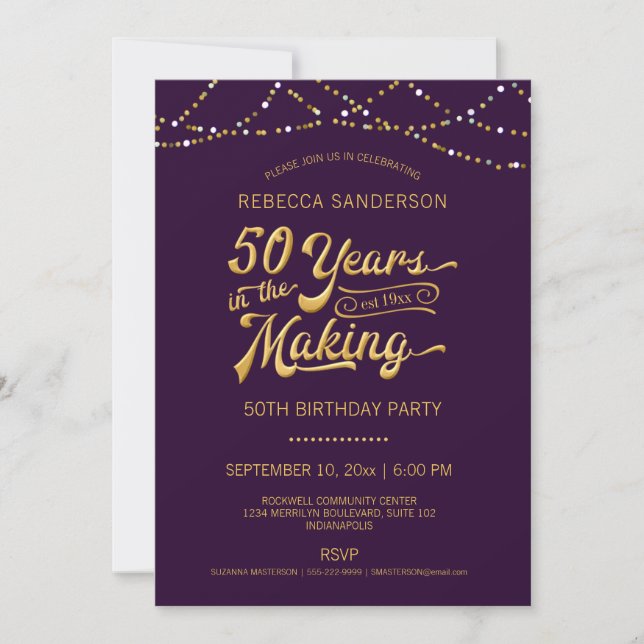 Invitation 50e anniversaire Purple Gold String lumières (Devant)