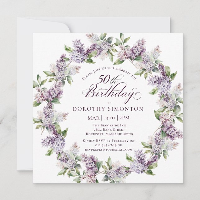 Invitation 50e anniversaire Purple Lilac Carré de fleurs de p (Devant)
